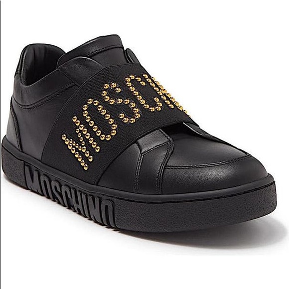 NWT Moschino Banded Slip-on Black Leather Sneakers 38 Gold Crystals - Picture 8 of 8